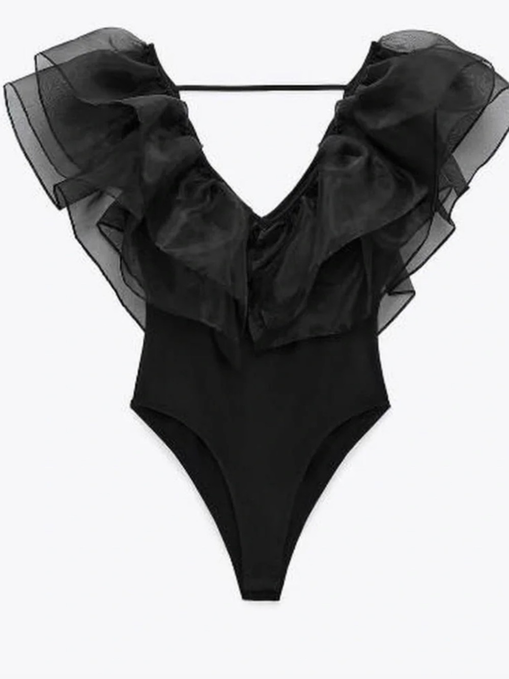 Zara Black Ruffled V-Neck Bodysuit - Picture 2 of 3